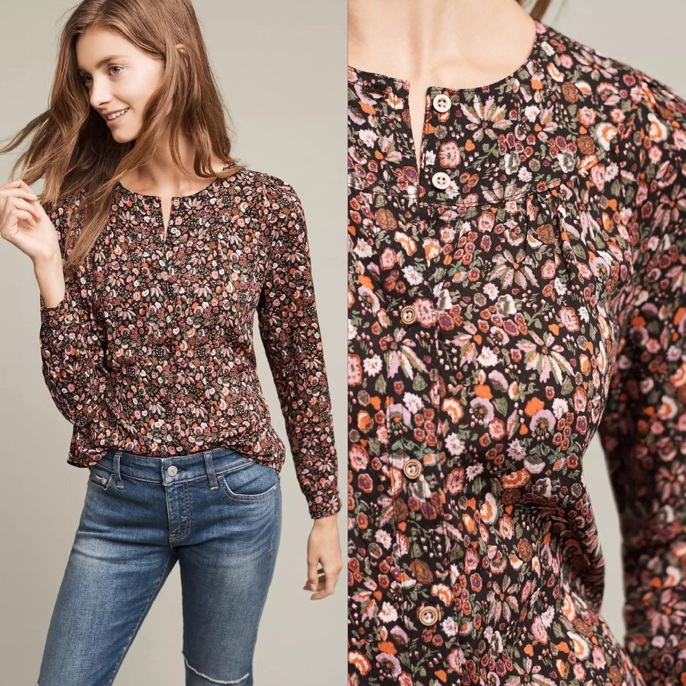 Maeve Anthropologie Floral‎ Print Button Up Long Sleeve Blouse Top XSP